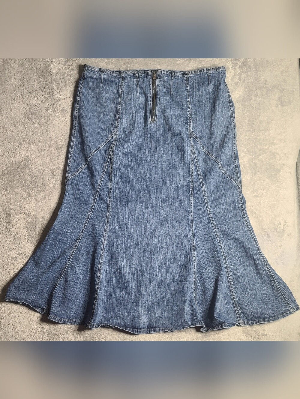 Ashley Stewart Women's 24W Denim Mermaid Skirt Blue Jean Flared Midi Exposed Zip